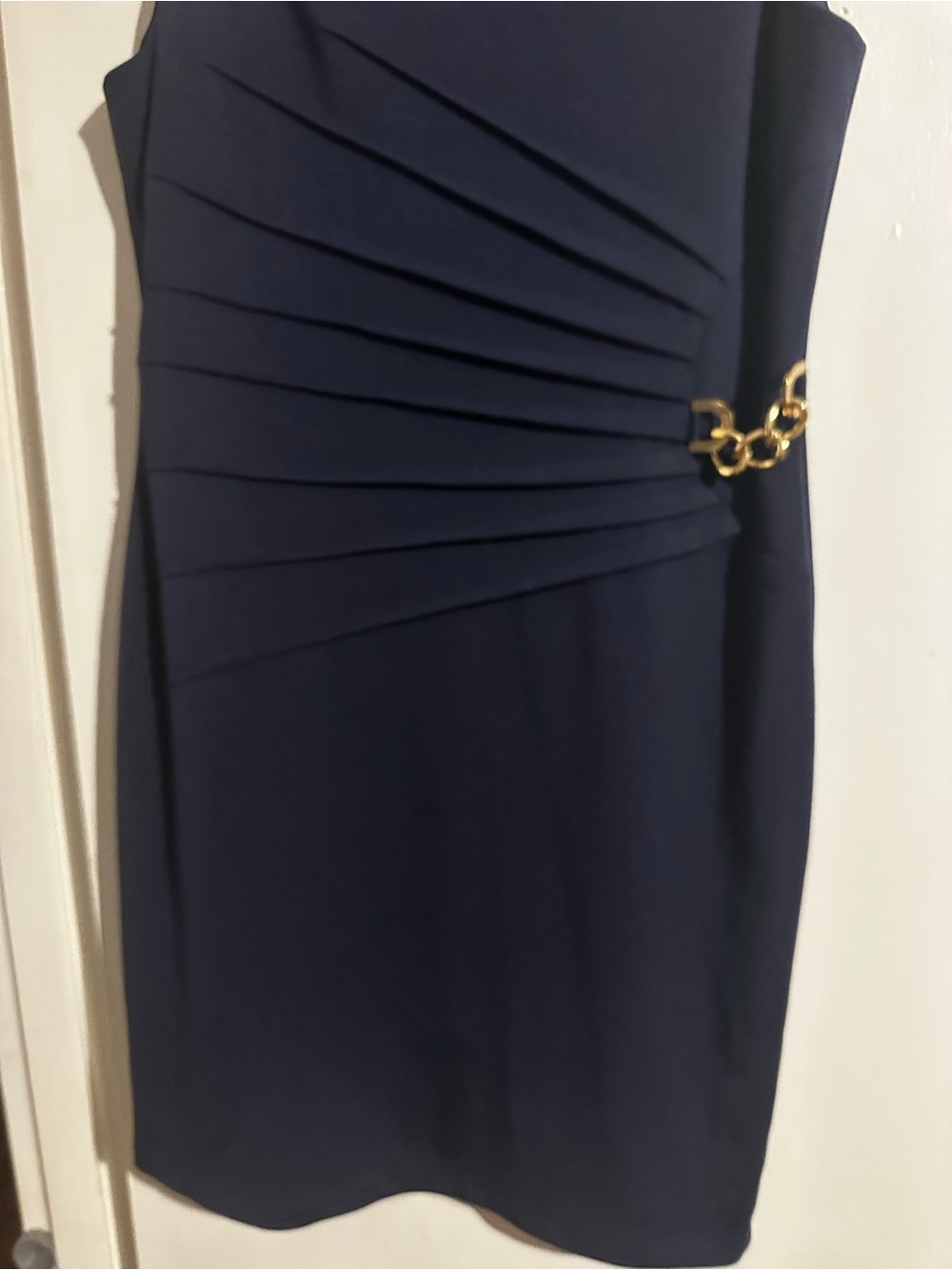 Ivanka Trump Navy Sleeveless Sheath Dress with Gold Chain Accent